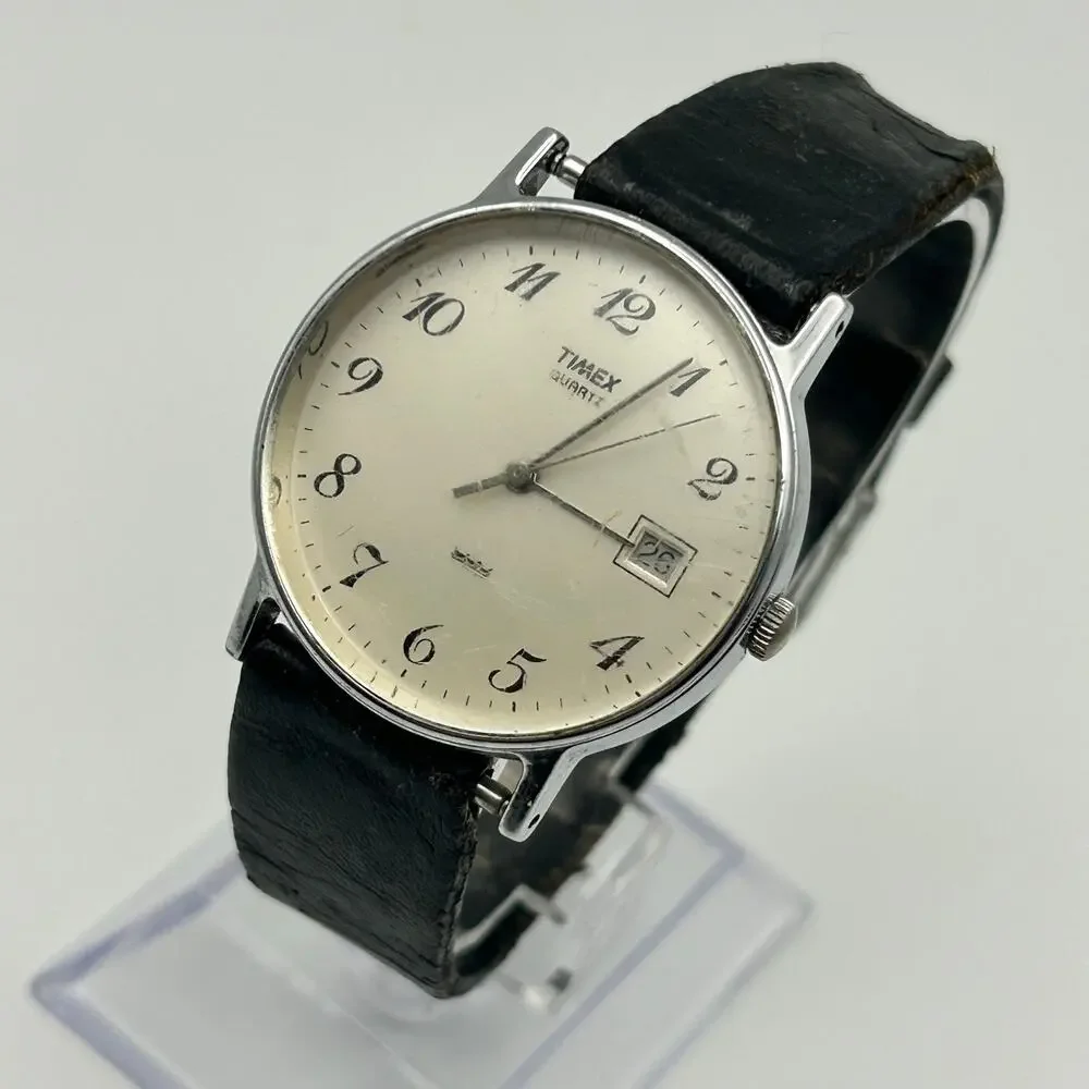 Vintage Timex Silver-tone Black Leather Strap Quartz Watch Working New Battery